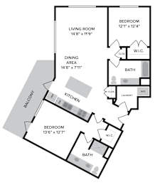 A floor plan of a home with a living room, two bedrooms, a dining area, a kitchen, a bath, a washer and dryer, and a balcony.