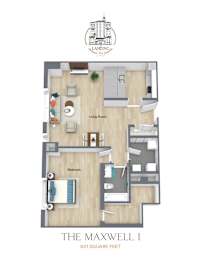 A floor plan of a one bedroom apartment at The Maxwell.