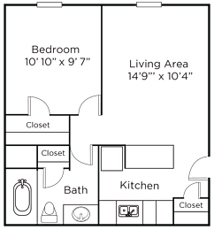 A floor plan of a small apartment with a bedroom, living area, kitchen, and bathroom.