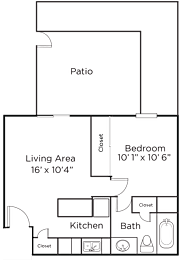 A floor plan of a small apartment with a living area, kitchen, bathroom, and bedroom.