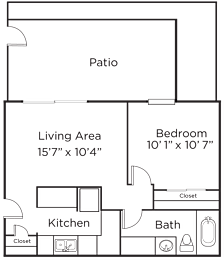 A floor plan of a small apartment with a kitchen, living area, bedroom, and bathroom.