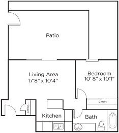A floor plan of a house with a patio, living area, kitchen, bathroom, and bedroom.