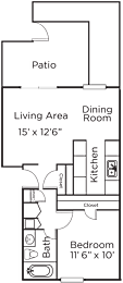A floor plan of a small apartment with a living area, dining room, kitchen, bedroom, bathroom, and patio.