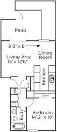 A floor plan of a house with a patio, living area, dining room, kitchen, bathroom, and bedroom.