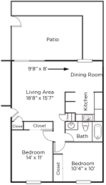 A floor plan of a house with a living area, two bedrooms, a bath, a kitchen, a dining room, and a patio.