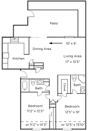 A floor plan of a house with a kitchen, two bathrooms, two bedrooms, a dining area, and a patio.