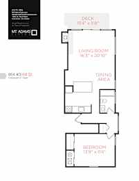 A floor plan for a home with a living room, dining area, and two bedrooms.