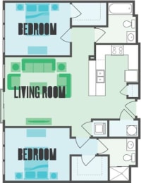 The York 2 Bed  2 Bath Floor Plan at Monmouth Row Apartments, Newport