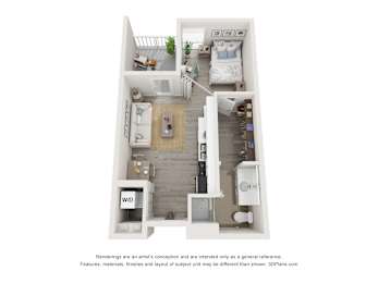 A 3D floor plan of a small apartment with a kitchen, living room, bedroom, and bathroom.