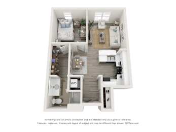 A 3D floor plan of a small apartment with a kitchen, living room, and bathroom.