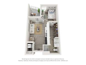 A 3D floor plan of a small apartment with a kitchen, living room, bedroom, and bathroom.