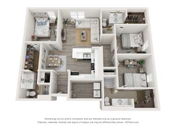 A 3D floor plan of a house with a kitchen, living room, and bedrooms.