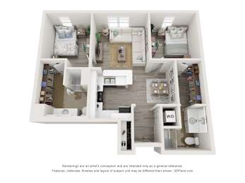 A 3D floor plan of a small apartment with a kitchen, living room, and bedrooms.