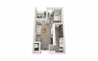 A top-down view of a small apartment with a bedroom, living room, and kitchen.