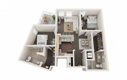 A 3D floor plan of a house with labeled rooms.