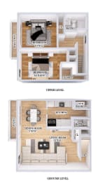 a comparison of a ground level and upper level floor plan of a house