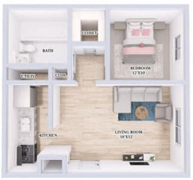 a floor plan with a bedroom and a living room