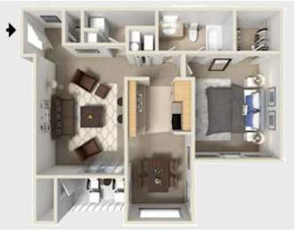 A small apartment with a bedroom, living room, and kitchen.