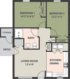 A floor plan of a home with two bedrooms, a living room, kitchen/dining area, bathroom, storage, and patio.