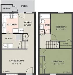 A floor plan of a two-bedroom apartment with a living room, kitchen, dining room, and bathroom.