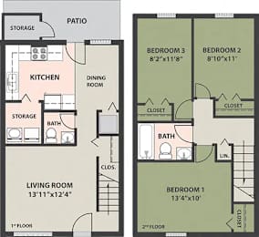 A floor plan of a two-story home with labeled rooms and dimensions.