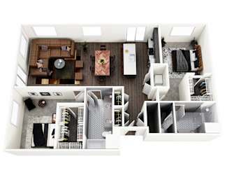 A top down view of a modern apartment with a kitchen, living room, and bedroom.