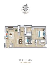 A floor plan of a 794 square feet apartment with a living room, dining room, kitchen, WC, and bedroom.