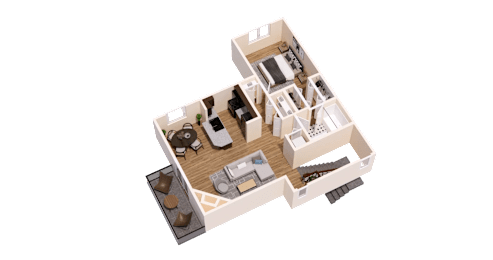 A 3D rendered image of a house layout.