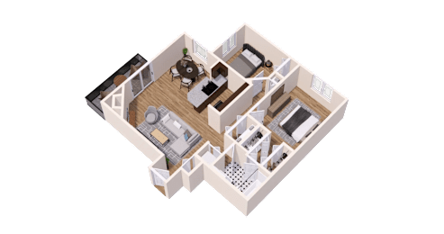 A 3D floor plan of a house with a kitchen, living room, and two bedrooms.