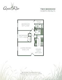 A floor plan for a two bedroom apartment sized 1.5 bath and 912 sq. ft.