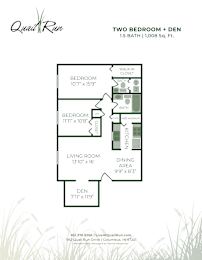 A floor plan for a two bedroom plus den apartment.