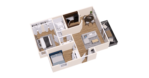 A 3D rendered image of a house layout.