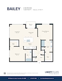 A floor plan for a 2 bedroom apartment with a living room, dining area, kitchen, and bathroom.