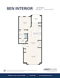 A floor plan for a Ben Interior apartment with a living room, dining area, kitchen, and bathroom.