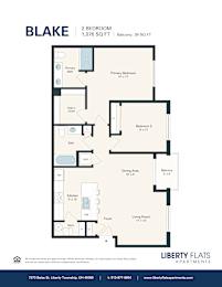 A floor plan for an apartment named Blake with 2 bedrooms and a balcony.