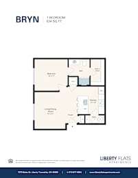 A floor plan for a 1 bedroom apartment sized at 634 square feet.