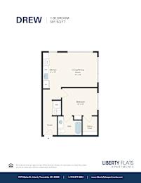 A floor plan for a 1 bedroom apartment at Liberty Flats.