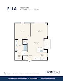 A floor plan for a 1 bedroom apartment sized at 752 square feet.