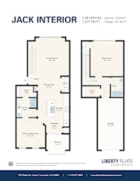 A floor plan for a 2 bedroom apartment with a living room, dining area, kitchen, and bathroom.