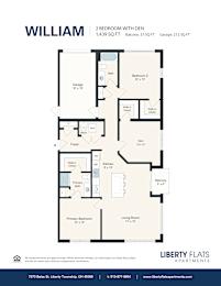 A floor plan for a 2 bedroom apartment with den.
