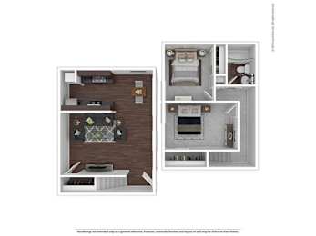 A floor plan of a house with a kitchen, living room, and two bedrooms.