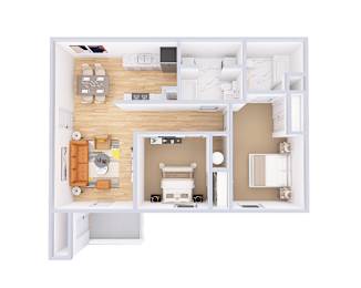 A top-down view of a small apartment with a kitchen, living room, and bedroom.