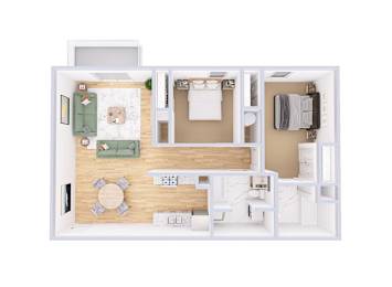 A white floor plan of a small apartment with a kitchen, living room, and bathroom.