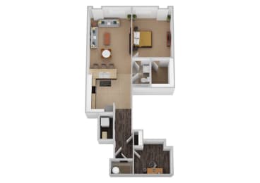 Two bedroom two bathroom 3D floor plan at Renaissance at the Power Building Apartments, Cincinnati