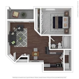A 3D floor plan of a small apartment with a kitchen, living room, and bedroom.