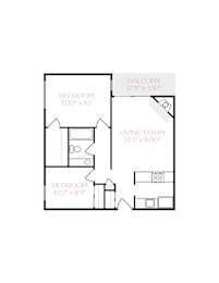 A floor plan of a small apartment with a living room, two bedrooms, and a balcony.