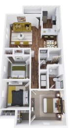 a 3d drawing of a floor plan with a bedroom and a kitchen