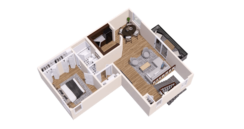 A 3D floor plan of a house with a kitchen, living room, and bathroom.