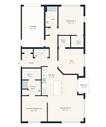 A floor plan of a house with a living room, two bedrooms, a bathroom, a kitchen, a garage, and a foyer.