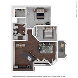 A 3D floor plan of a house with a kitchen, living room, and bathroom.